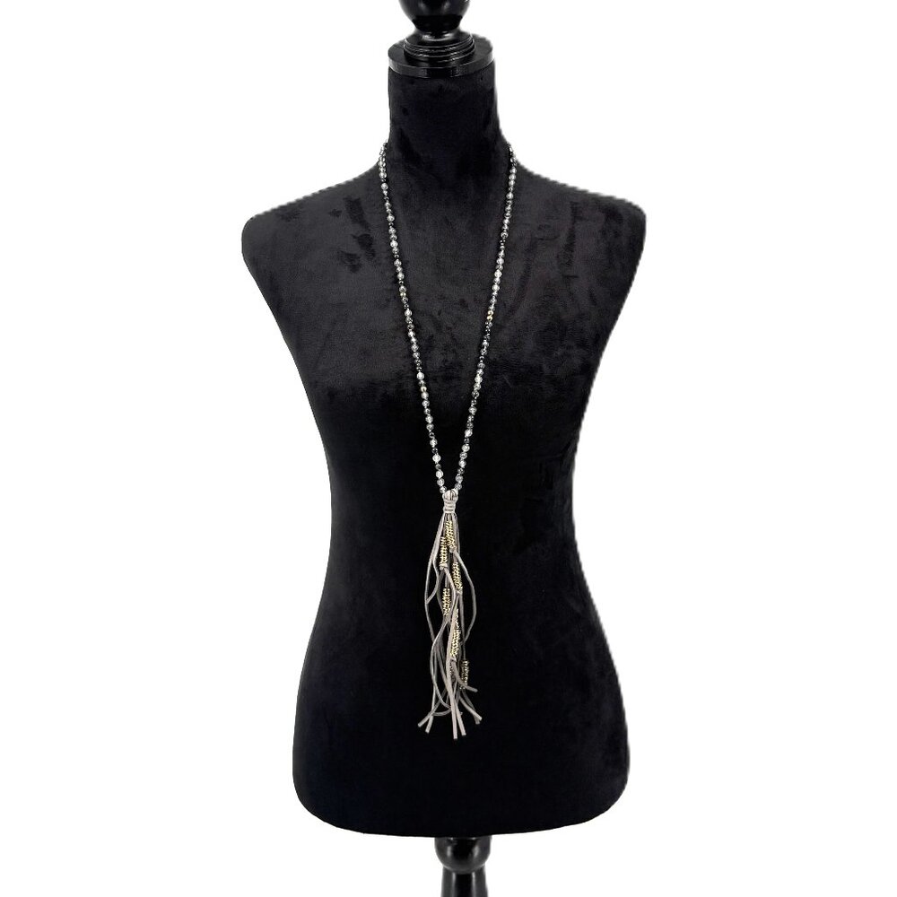 Beads and Tassel Necklace Gray